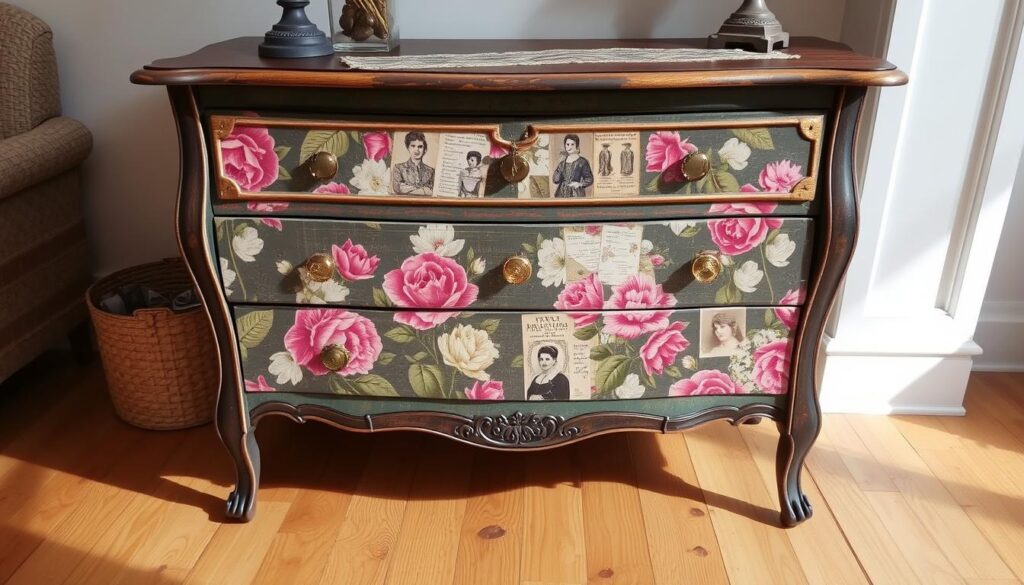 Upcycled furniture using decoupage